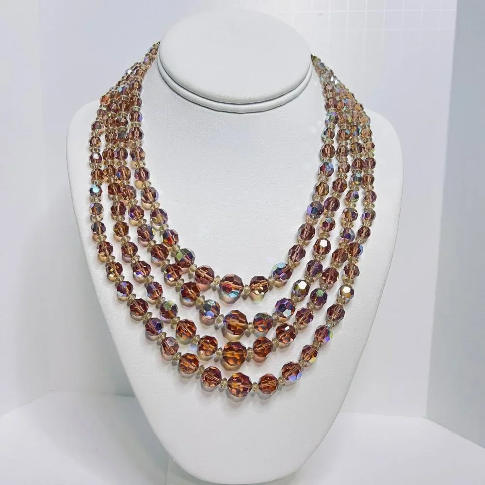 Gold Tone 4-Strand Aurora Borealis Beaded Necklace With Hook Clasp (6122) - Picture 1 of 8